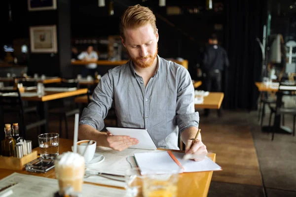 Businessman Taking Notes Writing New Ideas Cafe Break — Stock Photo, Image