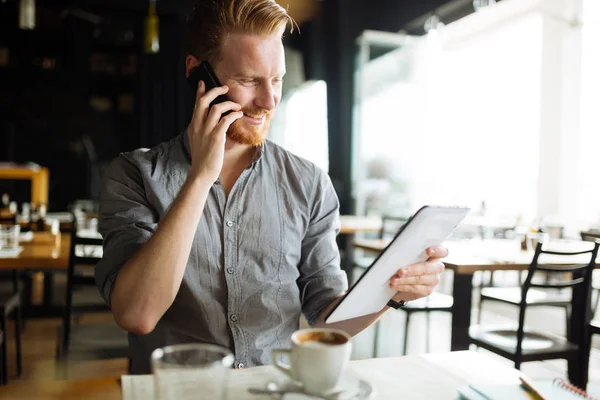 Busy Handsome Smart Blogger Multitasking Cafe — Stock Photo, Image