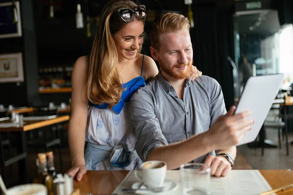 Woman Man Flirting Cafe While Discussing Tablet Content — Stock Photo, Image