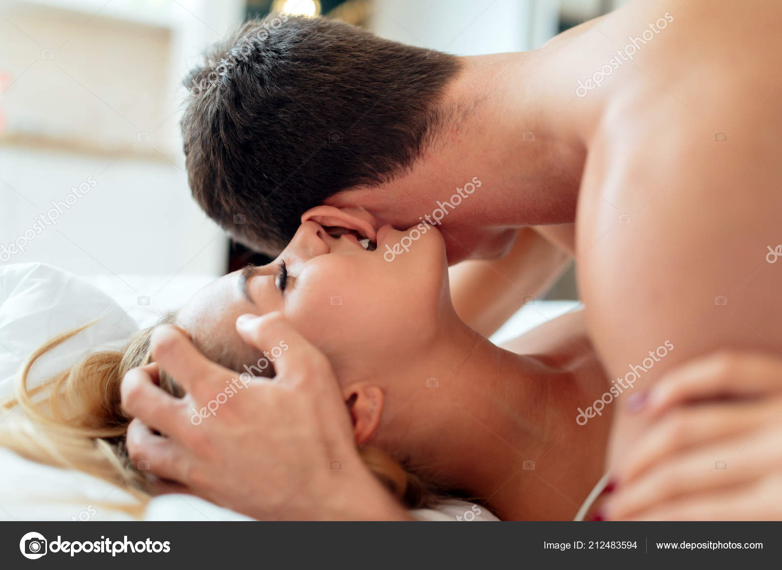 Passionate Beautiful Couple Bedroom Enjoying Foreplay Stock Photo Passionate Beautiful Couple Bedroom Enjoying Foreplay Stock Photo