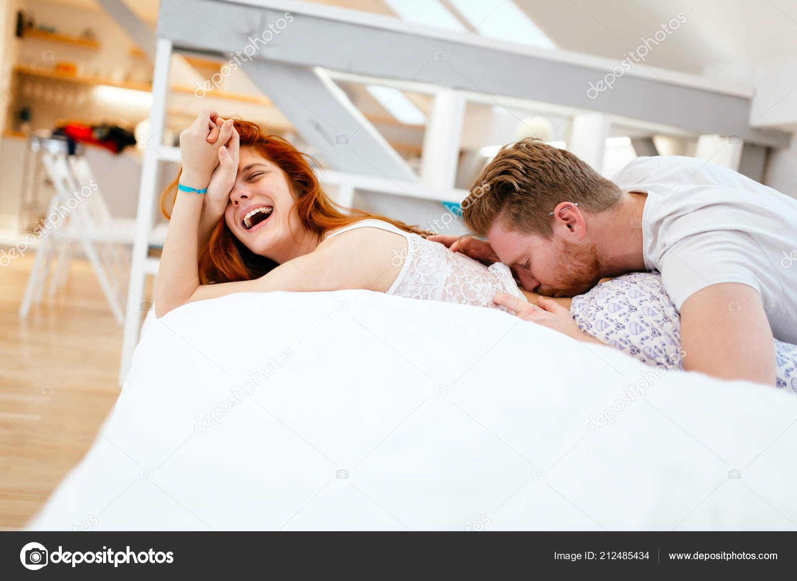 Romantic Couple Love Lying Bed Being Passionate Stock