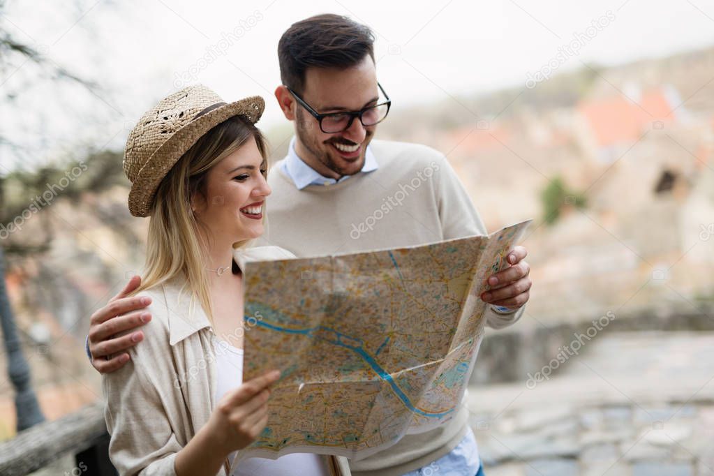 Beautiful tourist couple in love traveling and sightseeing