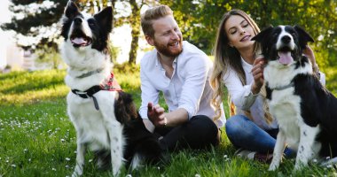 Güzel çift yürüyüş köpekler 
