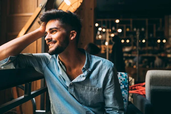 Portrait Young Cheerful Handsome Man Blue Shirt — Stock Photo, Image