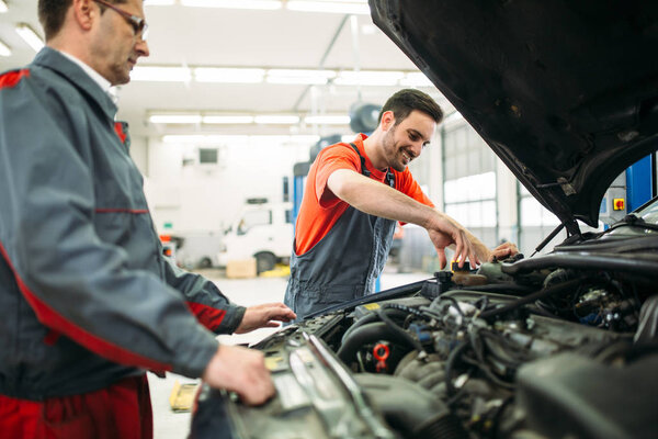 Car mechanics working at automotive service center together