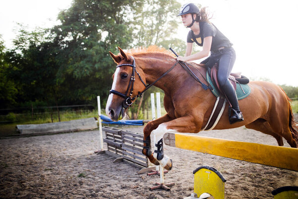 Young female jockey on her horse leaping over hurdle