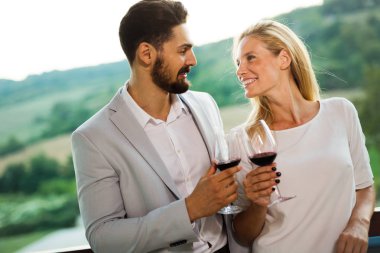 Üzüm bağında kırmızı şarap içip eğlenen insanların fotoğrafı.