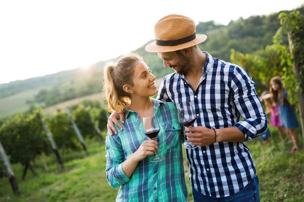 Couple Amoureux Travaillant Vignoble Viticole Dégustation Vins — Photo