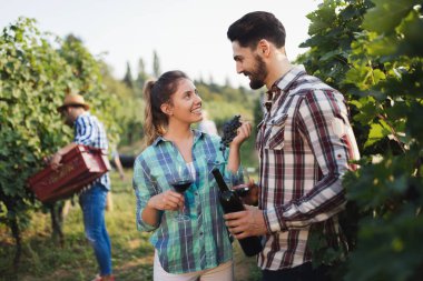 Winemaker mahzeninde çalışma ve şarapları tatma aşık Çift