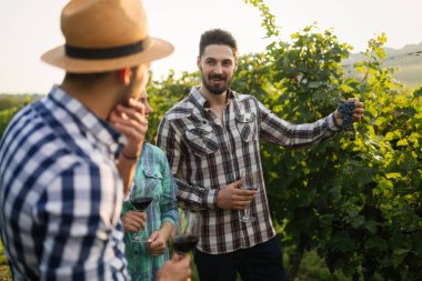 Winemaker mahzeninde çalışma ve şarapları tatma aşık Çift