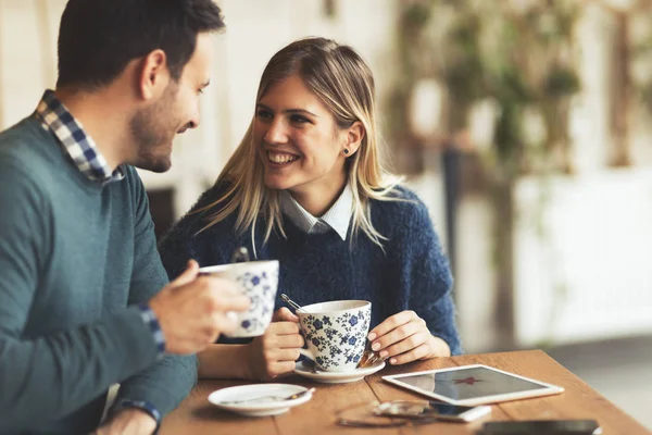 Happy Attractive Young Couple Date Coffee Shop — Stock Photo, Image