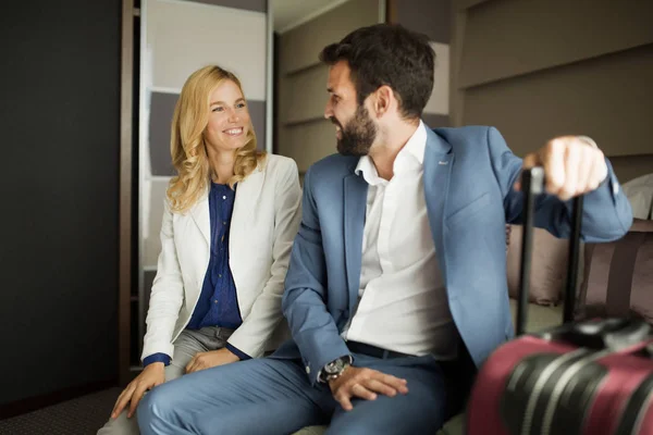 Picture Successful Businessman Businesswoman Hotel Room — Stock Photo, Image