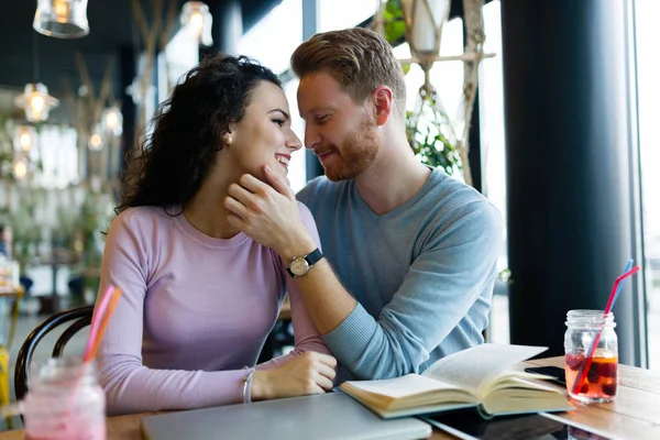 Young Happy Couple Date Coffee Shop Having Romantic Times — Stock Photo, Image