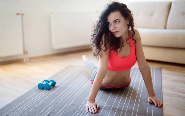 Young Attractive Sportswoman Doing Fitness Exercises Home — Stock Photo, Image