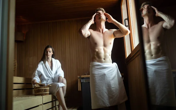 Beautiful People Bathrobes Using Sauna Spa Resort — Stock Photo, Image