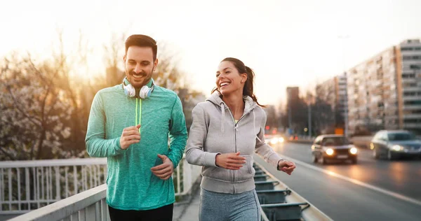 Couple Jogging Running Outdoors Nature — Stock Photo, Image