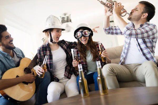 Cheerful Young Friends Having Party Together Playing Instruments — Stock Photo, Image