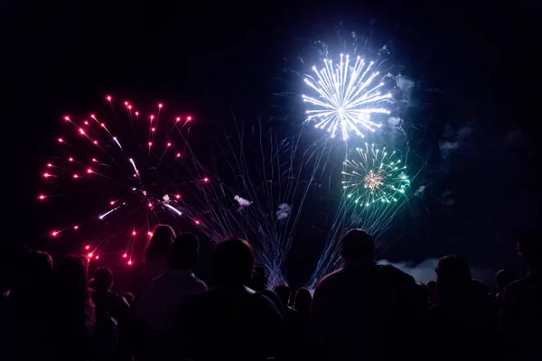 Conceito Véspera Ano Novo Torcendo Multidão Fogos Artifício — Fotografia de Stock