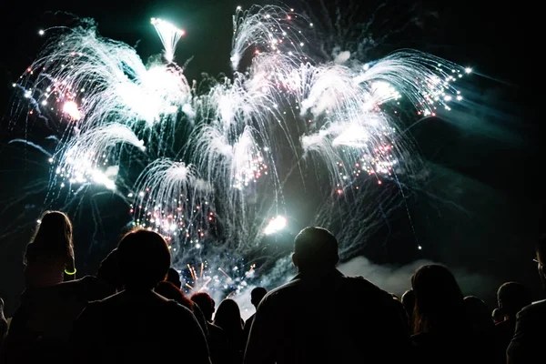 Multidão Assistindo Fogos Artifício Celebrando Noite — Fotografia de Stock