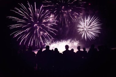 Kalabalık havai fişek izliyor ve yeni yılı kutluyor.
