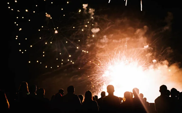 Multidão Assistindo Fogos Artifício Celebrando Noite — Fotografia de Stock