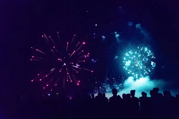 Publiek Kijken Naar Vuurwerk Feesten Nachts — Stockfoto