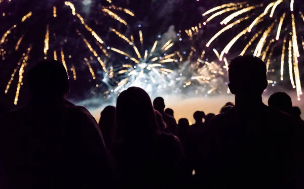 Concepto Víspera Año Nuevo Animando Multitud Fuegos Artificiales —  Fotos de Stock