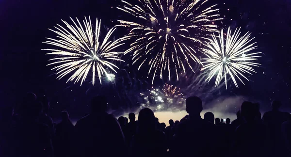 Publiek Kijken Naar Vuurwerk Feesten Nachts — Stockfoto