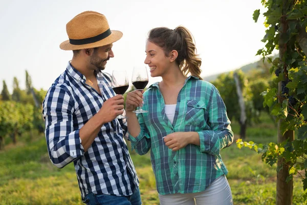 Coppia Innamorata Che Lavora Nel Vigneto Vinicolo Degusta Vini — Foto Stock