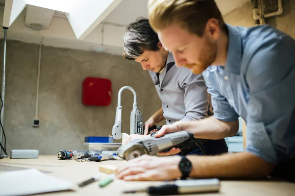 Two Creative Designers Working Workshop Precision Tools Manufacturing New Product — Stock Photo, Image