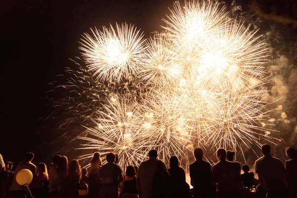 花火を観たり 夜を祝う群衆 — ストック写真