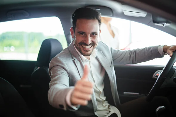 Portrait Handsome Young Man Taking Car Test Drive Sitting Smiling — Stock Photo, Image