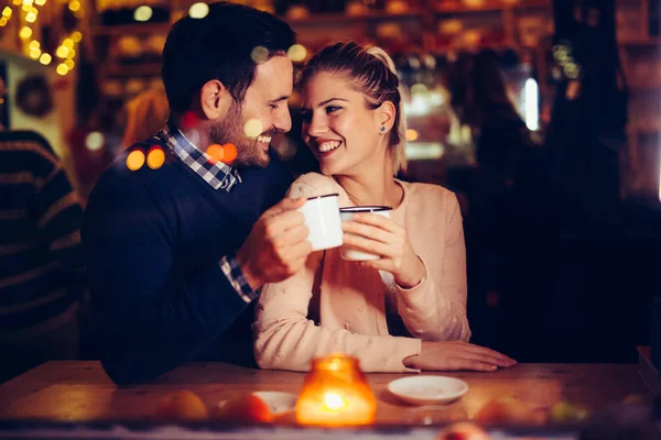 Romantic Young Couple Dating Pub Night — Stock Photo, Image