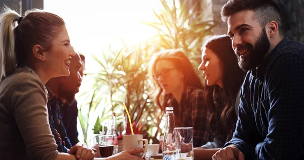 Happy Young Colleagues Work Socializing Restaurant — Stock Photo, Image