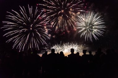 Kalabalık havai fişek izliyor ve yeni yılı kutluyor.