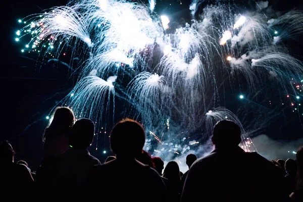 Concepto Víspera Año Nuevo Animando Multitud Fuegos Artificiales —  Fotos de Stock