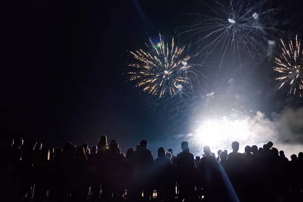 Multidão Assistindo Fogos Artifício Celebrando Ano Novo — Fotografia de Stock