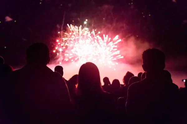 Publiek Kijken Naar Vuurwerk Feesten Nachts — Stockfoto