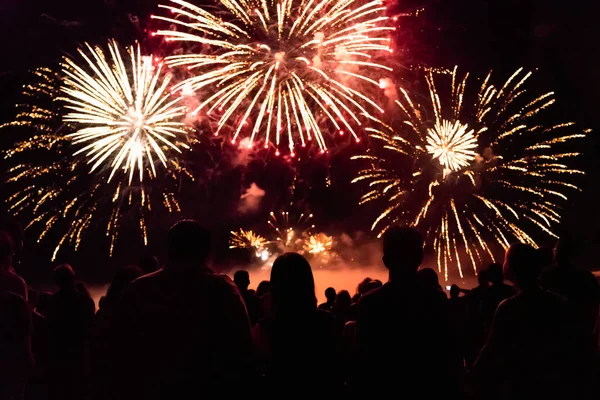 Mulțimea Urmărește Focuri Artificii Sărbătorește Anul Nou — Fotografie, imagine de stoc