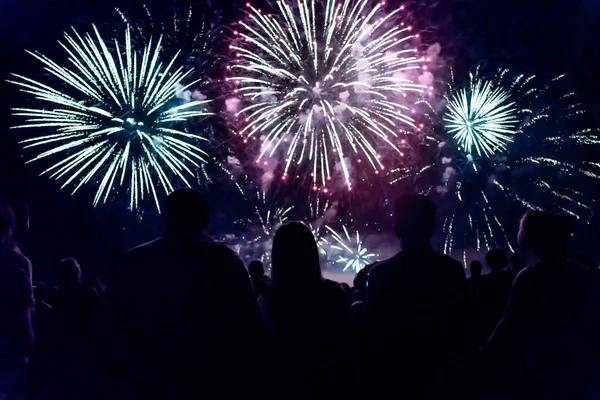 Multidão Assistindo Fogos Artifício Celebrando Ano Novo — Fotografia de Stock