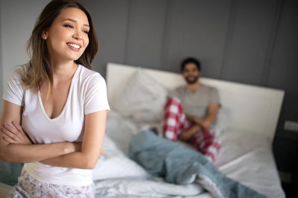 Happy Young Couple Relaxing Home Bedroom Waking Morning — Stock Photo, Image