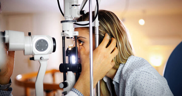 Ophthalmology concept. Patient eye vision examination in eyesight ophthalmological clinic