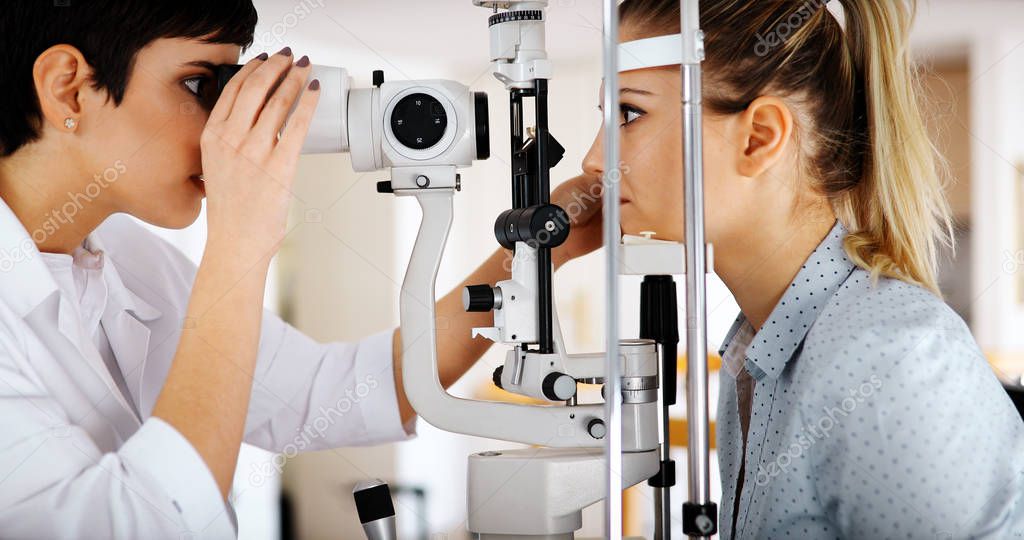 Ophthalmology concept. Patient eye vision examination in eyesight ophthalmological clinic