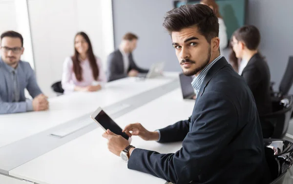 Portrait Handsome Successful Smiling Businessman Holding Tablet — Stock Photo, Image