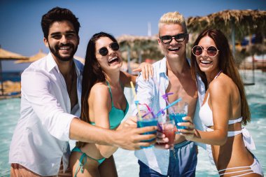 Yaz partisi. Kumsalda bir grup arkadaş kuyruk sallayıp eğleniyorlar.