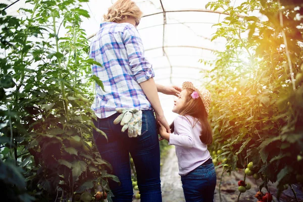 Petani Wanita Muda Yang Cantik Bekerja Kebun Dengan Putrinya — Stok Foto