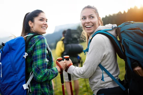 Hiking Friends Fun Group Young People Backpacks Walking Together Looking — Stock Photo, Image
