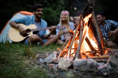 Mutlu arkadaşlar müzik çalıyor ve doğada şenlik ateşinin keyfini çıkarıyorlar.