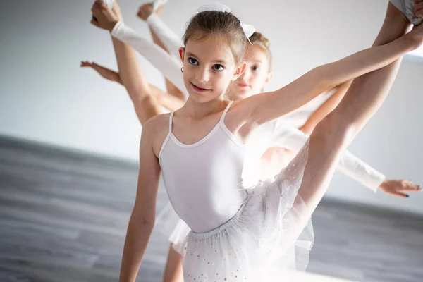 Group Fit Little Ballerinas Doing Exercises Dance School — Stock Photo, Image