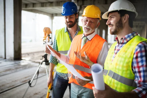 Engineer Construction Site Manager Working Blueprints Plans — Stock Photo, Image
